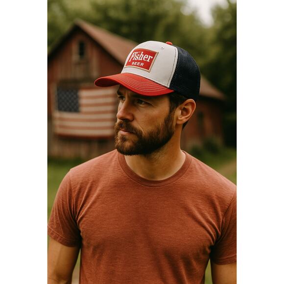 Fisher Beer Trucker Hat by Ouray Sportswear – Red/White/Blue Snapback - Picture 1 of 6
